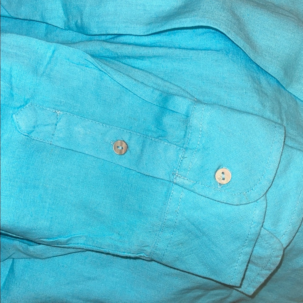 Candace Cameron Bure Linen Blend Turquoise Button-Down Shirt - Picture 5 of 5